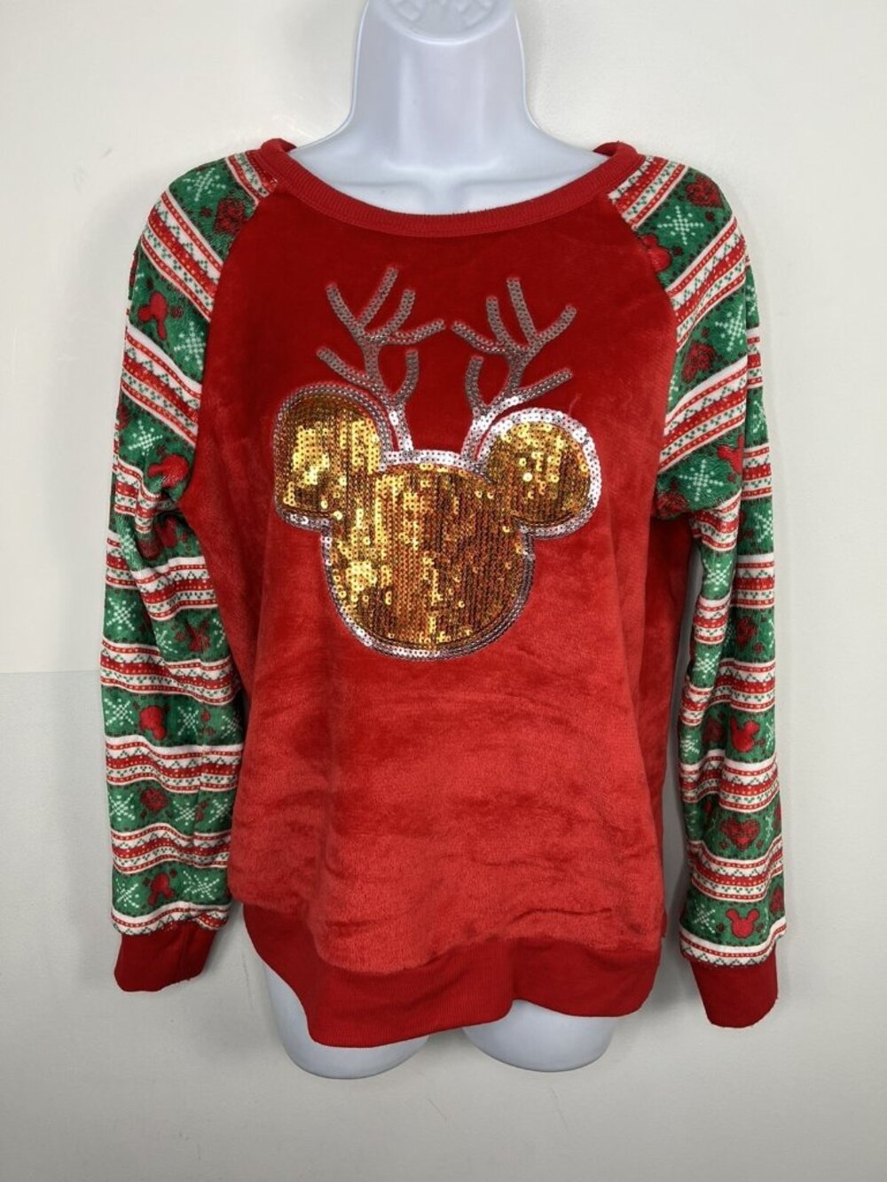 Disney Red Mickey Mouse Reindeer Sweatshirt Sz L Sequin Graphic Holiday Festive